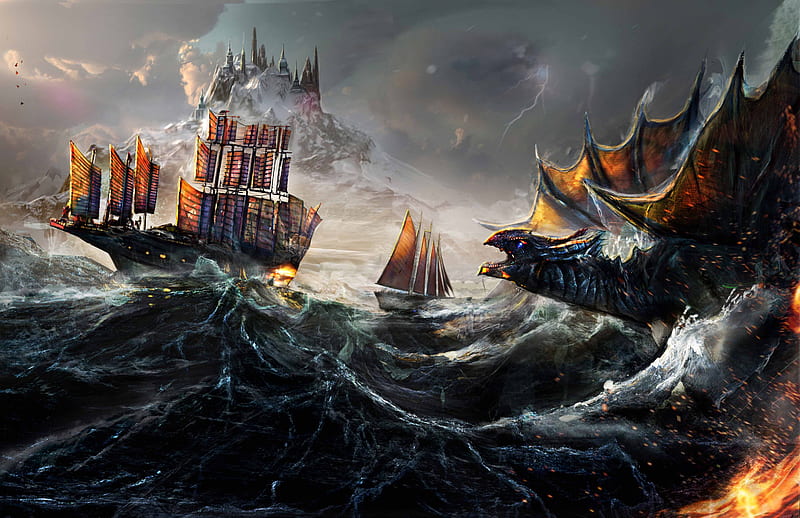 Dragon Fight Ocean Ship Painting , dragon, ocean, ship, painting, artist, artwork, digital-art, HD wallpaper