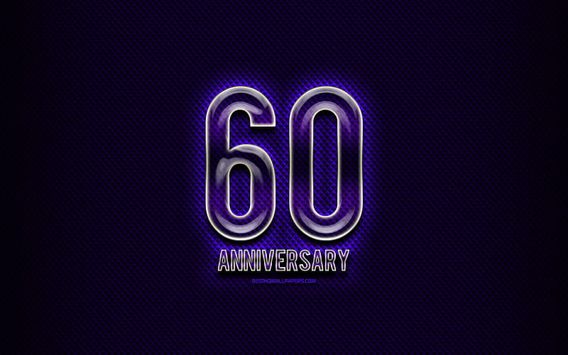 60th anniversary, glass signs, blue grunge background, 60 Years Anniversary, anniversary concepts, creative, Glass 60 anniversary sign, HD wallpaper