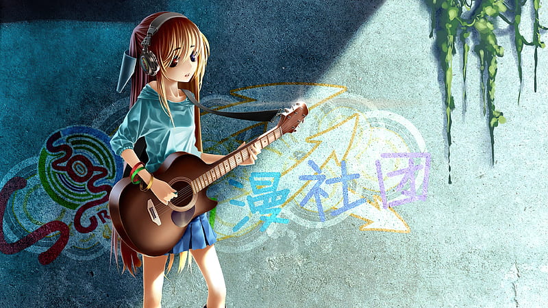 Anime Girl Guitar Grafitti , anime-girl, anime, artist, artwork, digital-art, HD wallpaper