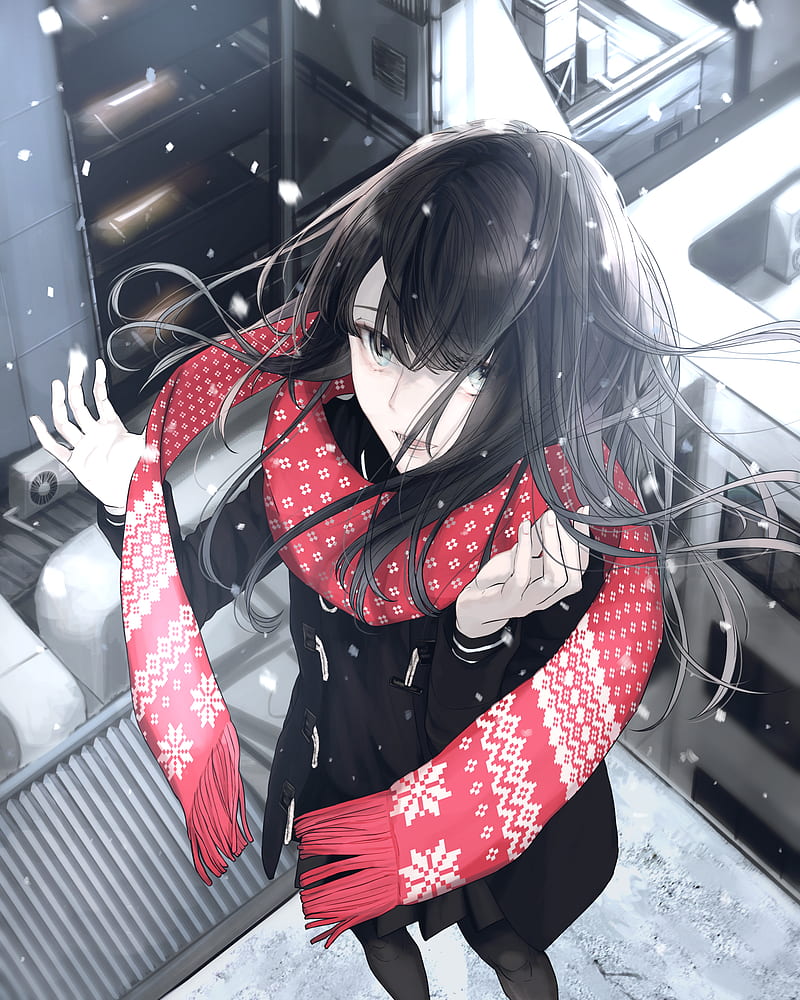 snow, red scarf, anime girl, black hair, top view, Anime, HD phone wallpaper