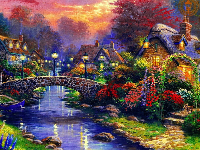 Hamlet, water, bridge, houses, flowers, river, lights, HD wallpaper
