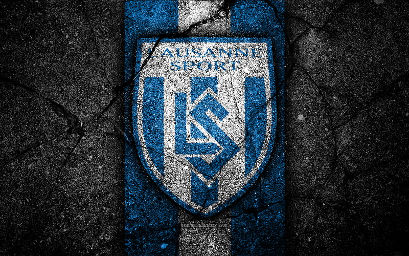 Lausanne logo, Switzerland Super League, black stone, soccer, football, emblem, FC Lausanne, Switzerland, asphalt texture, Lausanne FC, HD wallpaper