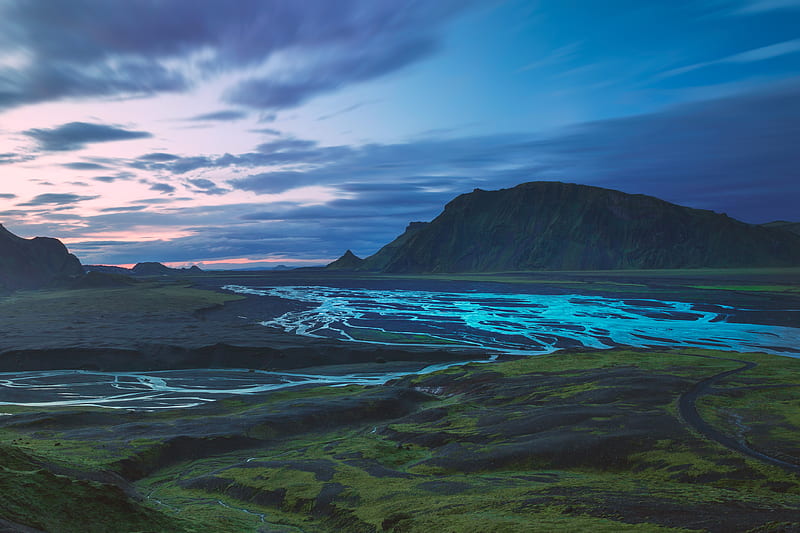 mountains, river, valley, landscape, iceland, HD wallpaper