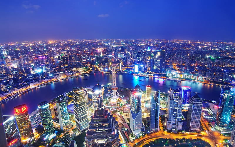 Shanghai, skyscrapers, city lights, China, Huangpu River, HD wallpaper