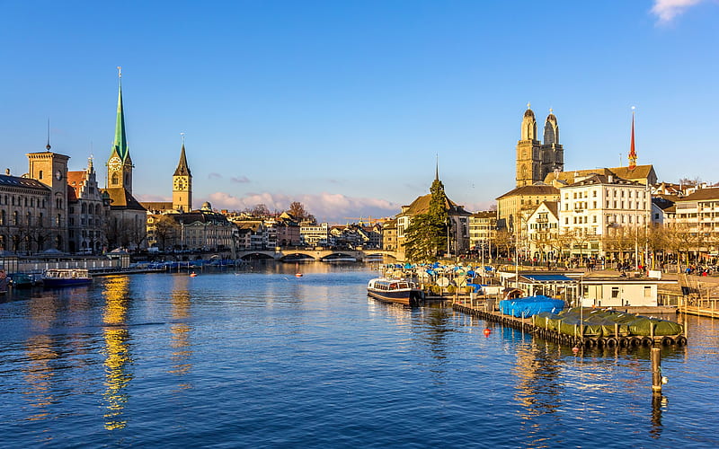 Switzerland, Zurich, piers, bridge, river, houses, HD wallpaper