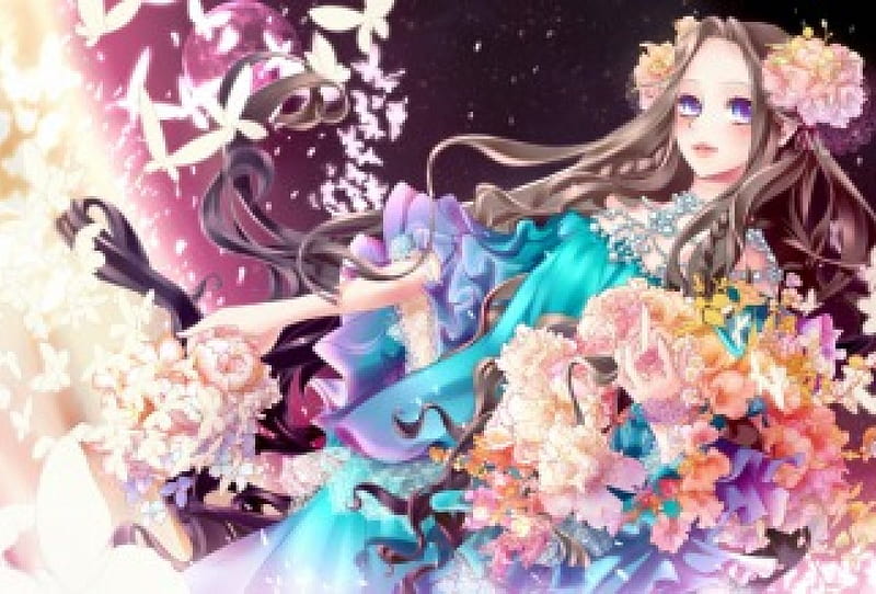 Flower Bouquet, pretty, adorable, magic, wing, women, sweet, floral, butterfly, love, anime, flowers, beauty, anime girl, long hair, wings, lovely, amour, cute, maiden, divine, adore, bonito, sublime, woman, blue eys, moon, blossom, hot, gorgeous, female, exquisite, brown hair, kawaii, girl, bouquet, flower, precious, magical, lady, angelic, HD wallpaper