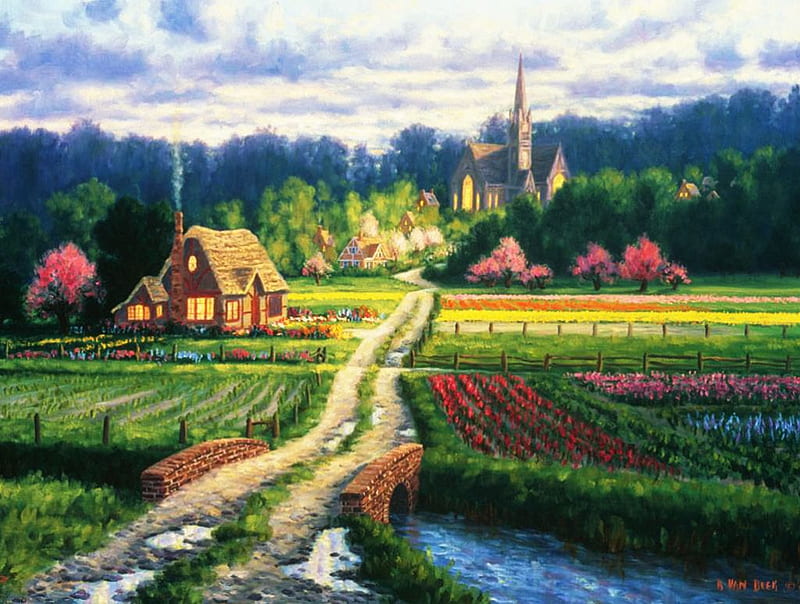 Country Road, cottage, fields, church, trees, artwork, landscape, HD wallpaper Country Road, cottage, fields, church, trees, artwork, landscape, HD wallpaper