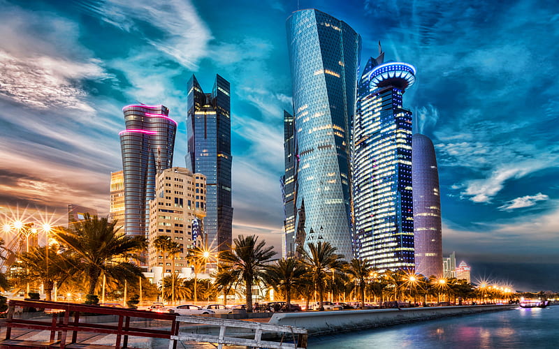 Doha, Qatar, evening, sunset, skyscrapers, modern buildings, Aspire Tower, Doha cityscape, Al Fardan Residences, Palm Tower 2, skyline, capital of Qatar, HD wallpaper