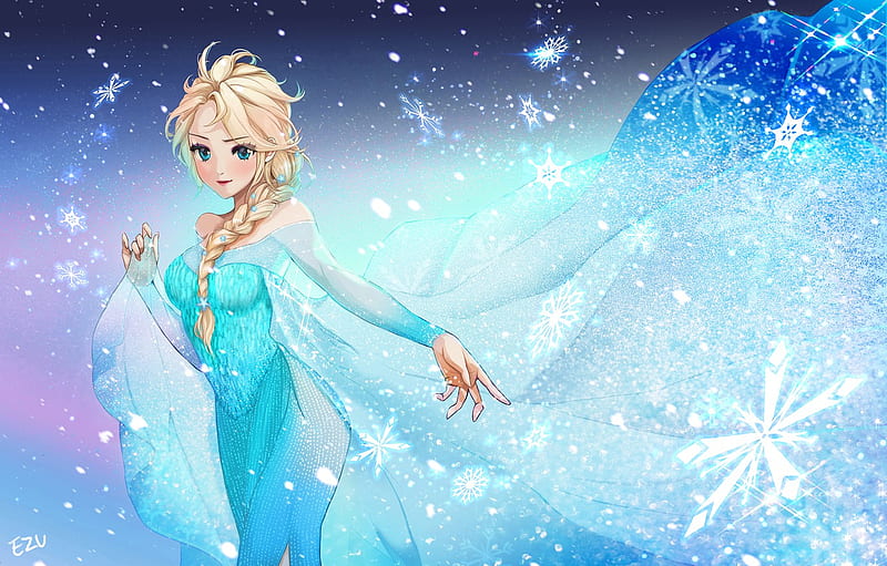 Girl, Dress, Snowflakes, Frozen, Disney, Elsa for , section фильмы, Elsa Anime, HD wallpaper