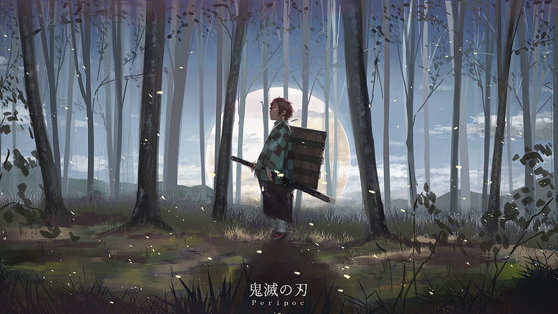 Demon Slayer Tanjiro Kamado Standing In Forest With Background Of Moon Blue Sky And Trees Anime, HD wallpaper