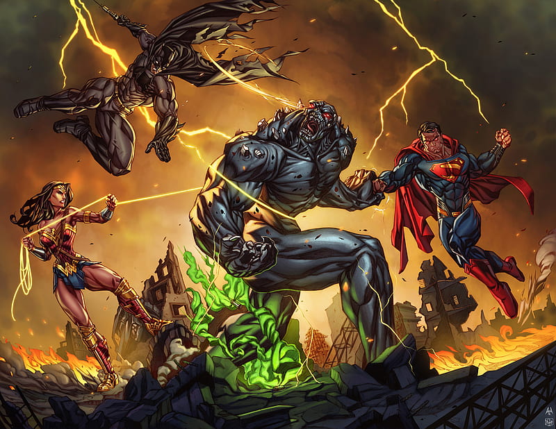 The Trinity Defeating Doomsday, superman, batman, wonder-woman, superheroes, artwork, artist, artstation, HD wallpaper