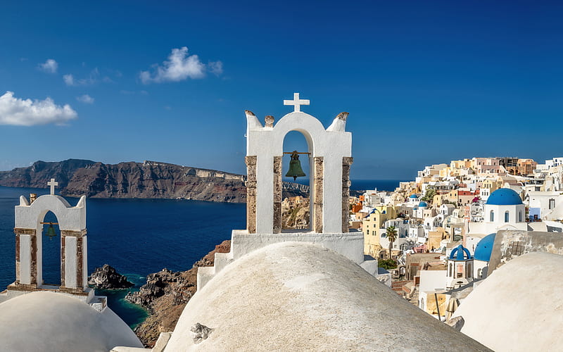 Aegean Sea, Santorini, Greek church, summer, romantic island, Oia, Greece, HD wallpaper
