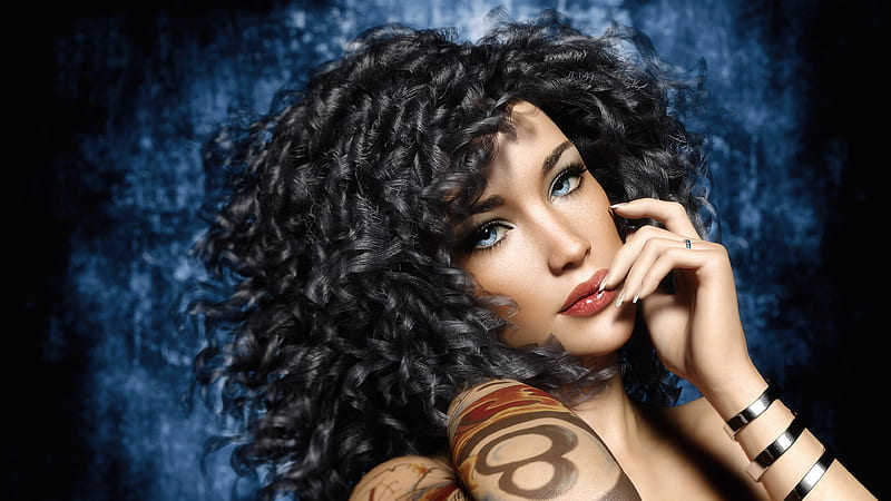 Pure Beauty, 3d, curly hair, girl, model, makeup, tattoo, beauty, blue eyes, HD wallpaper