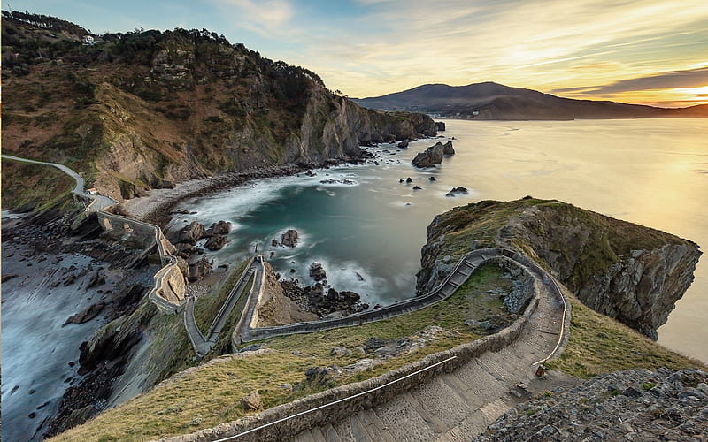 Gaztelugatxe, Bay of Biscay, coast, rocks, seascape, ocean, Bermeo, Basque Country, Spain, HD wallpaper