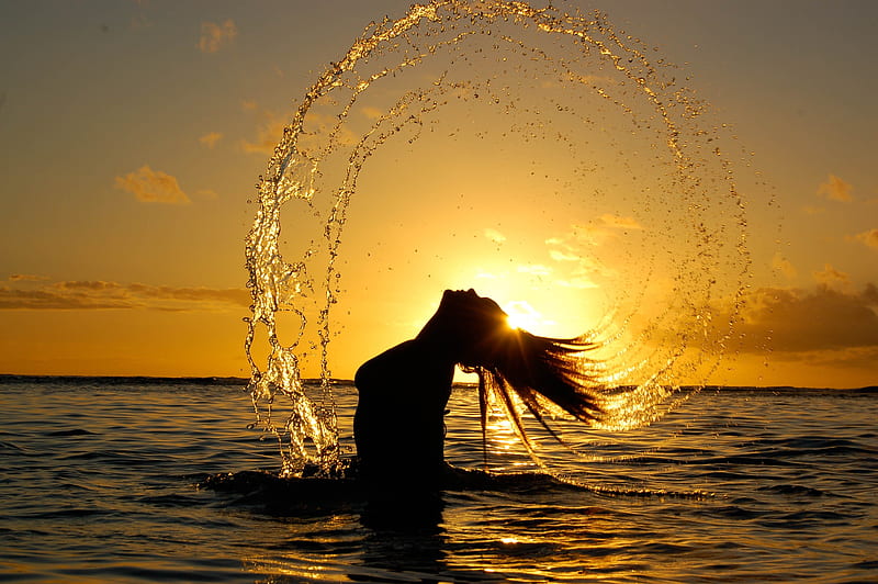 sunset whip, female, wet, sun, ocean, yellow, sunny, sky, hair, beach, graphy, water, summer, sunshine, HD wallpaper