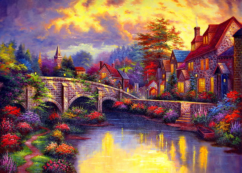 Paradise place, pretty, cottages, bonito, clouds, countryside, nice, bridge, painting, village, flowers, river, reflection, light, art, lovely, houses, place, sky, water, paradise, summer, nature, HD wallpaper