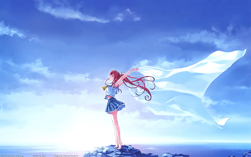 Anime Deep Blue Sky Pure White Wings , anime-girl, anime, artist, artwork, digital-art, HD wallpaper
