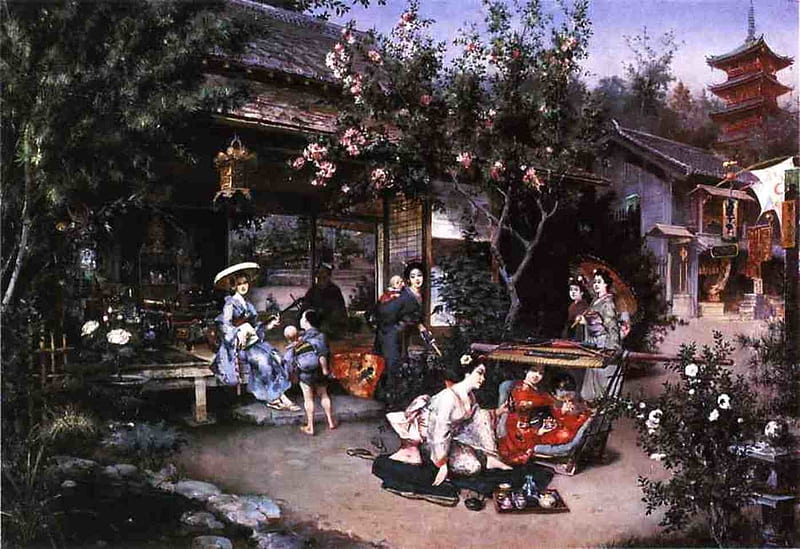 Glimpse Into The Yoshiwara, art, harry humphrey moore, umbrella, asian, painting, peopel, parasol, pictura, park, HD wallpaper
