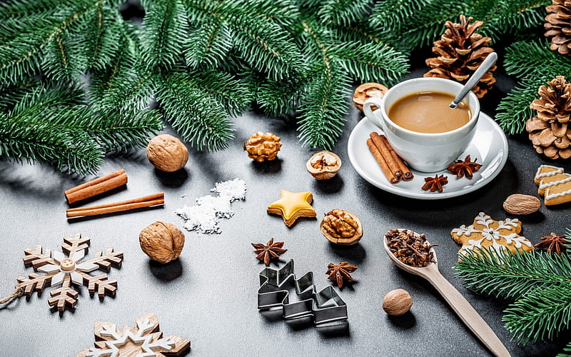 Winter Coffee, pine cones, nuts, cup, coffee, snowflakes, HD wallpaper