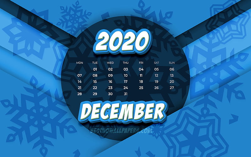 December 2020 Calendar comic 3D art, 2020 calendar, winter calendars, December 2020, creative, snowflakes patterns, December 2020 calendar with snowflakes, Calendar December 2020, blue background, 2020 calendars, HD wallpaper