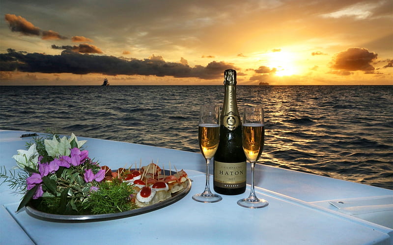 Champagne Sunset, Glasses, Flowers, Holiday, Food, Yacht, HD wallpaper
