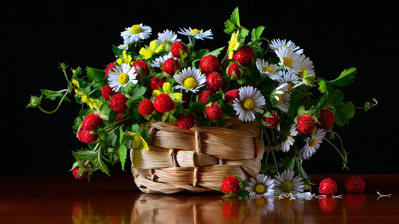 Food, Still Life, Basket, Berry, Bouquet, Chamomile, Flower, Strawberry, HD wallpaper