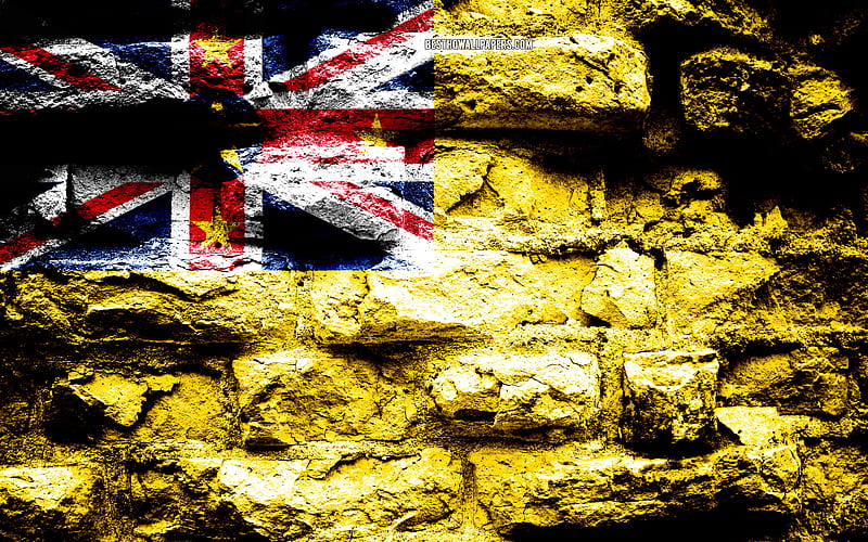 Niue flag, grunge brick texture, Flag of Niue, flag on brick wall, Niue, flags of Oceania countries, HD wallpaper