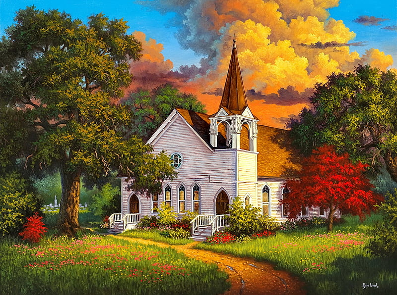 Called to Praise, art, countryside, fall, autumn, peaceful, colors, bonito, church, painting, HD wallpaper