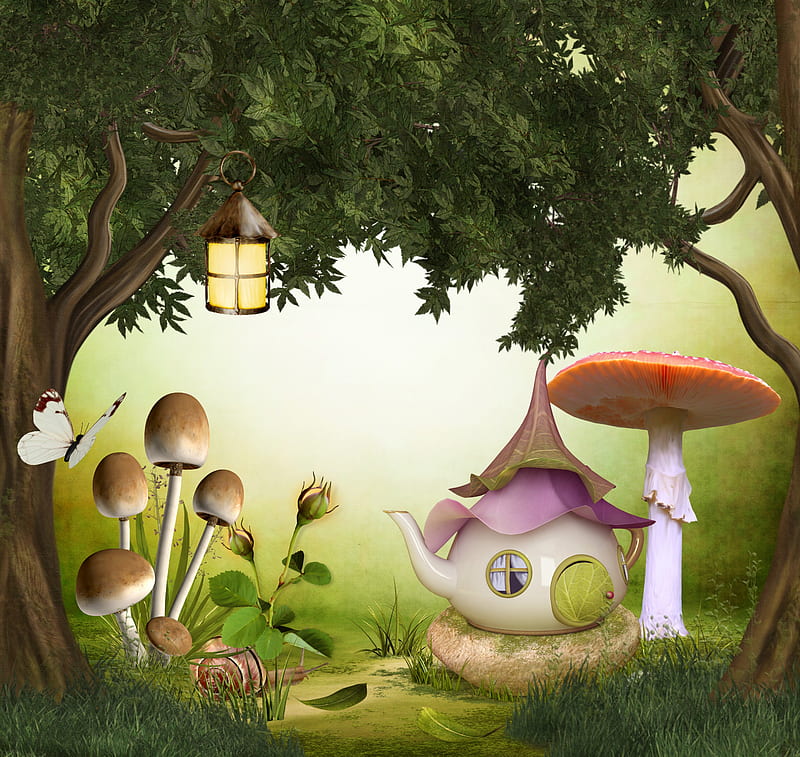 Cuteness Fantasy, pretty, grass, Resources, lantern, mushroom, bonito, belove valentines, sweet, Other, leaves, butterfly, Premade BG, flowers, animals, lamp, lovely, trees, cute, Stock , plants, HD wallpaper