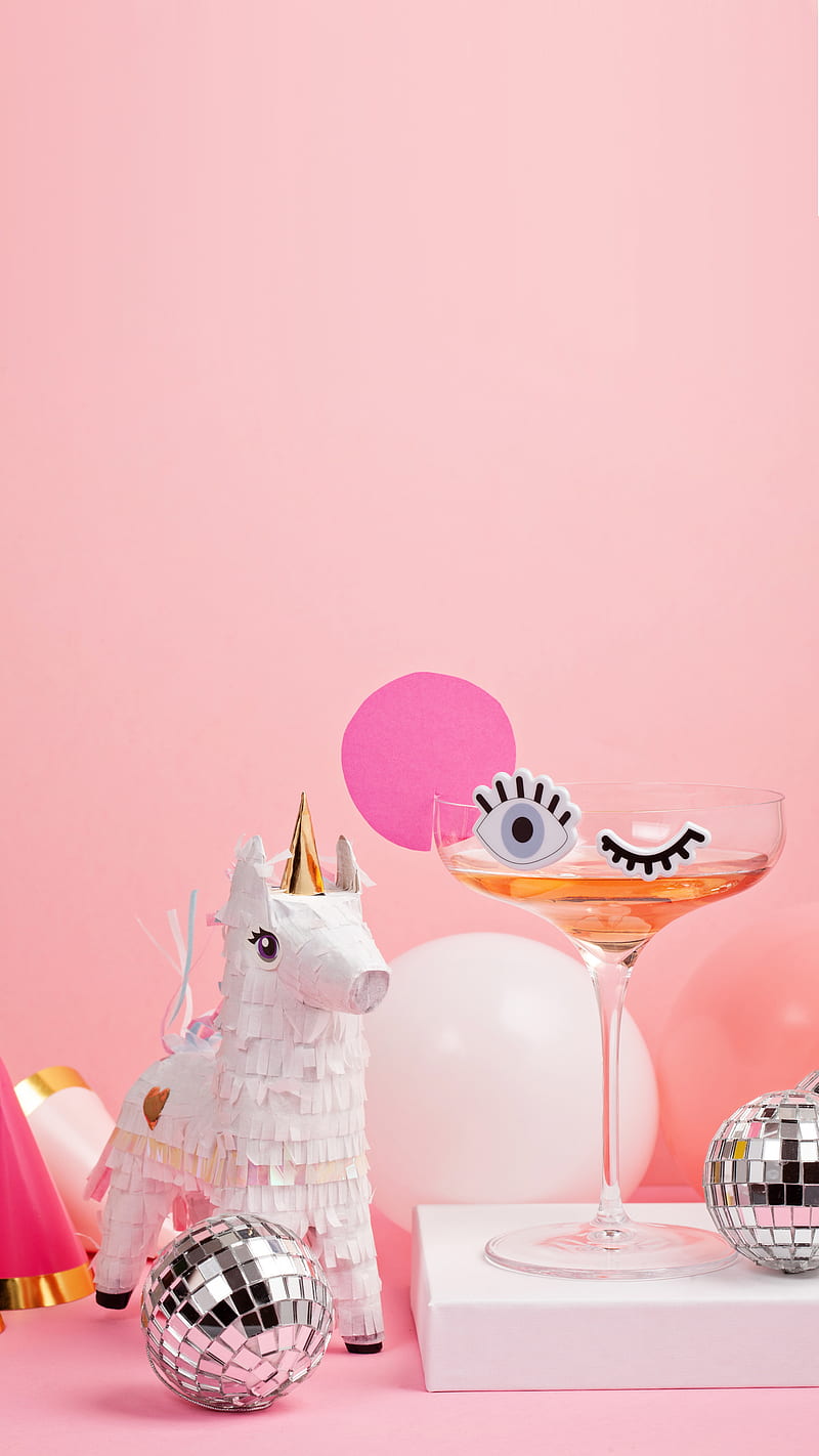 Pinata Disco, Kiss, balloons, champagne glass, disco ball, party, pink, unicorn, HD phone wallpaper