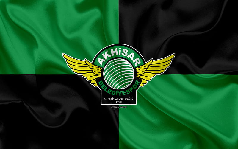 Akhisar Belediyespor green black silk flag logo, Turkish football club, art, creative, Akhisar, Turkey, football, silk texture, HD wallpaper
