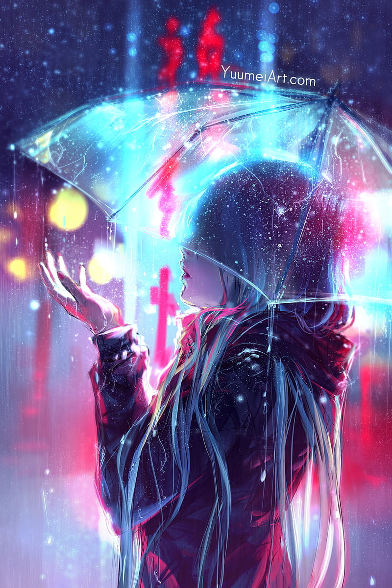 Yuumei, anime girls, umbrella, rain, long hair, city lights, artwork, digital art, drawing, vertical, HD phone wallpaper