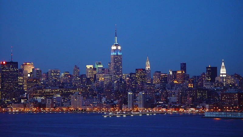 new york city skyline at dusk, city, piers, skyline, dusk, river, lights, skyscrapers, HD wallpaper