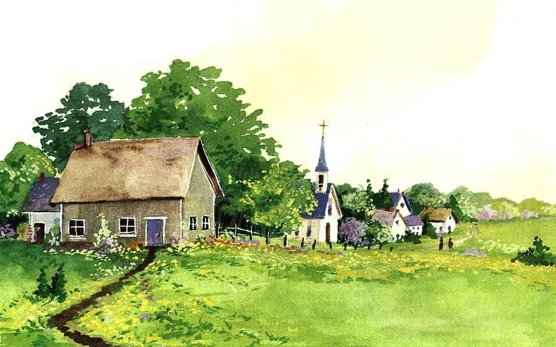 Rural Village 2, rural, art, church, artwork, painting, wide screen, village, scenery, landscape, HD wallpaper