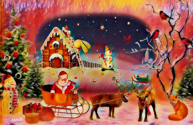 A Time to share Joy , Stars, Christmas, Time, Snowman, Winter, Birds, Rabbit, Trees, Santa slides, Night, share, Scenery, Reindeers, Christmas tree, Santa Claus, Holiday, Joy, Fantasy, shines, snow, Gifts, Season, HD wallpaper