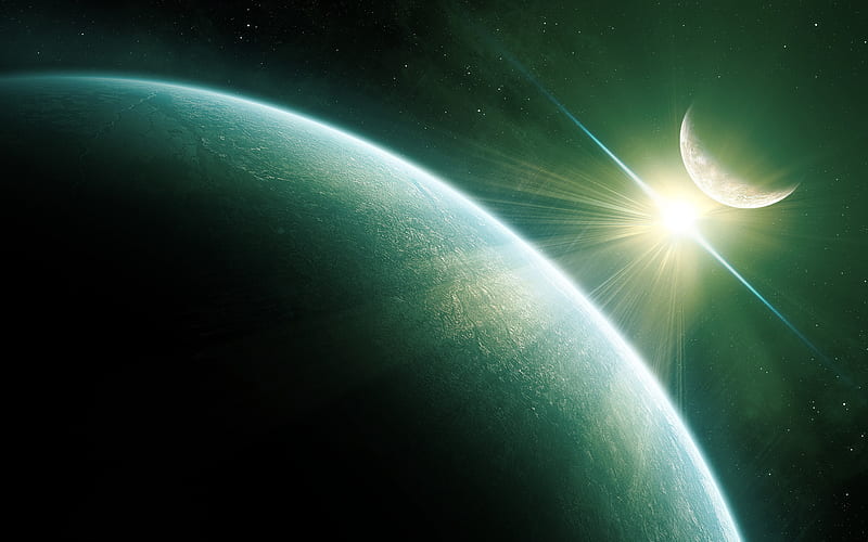 Green Eclipse, planets, sun, 3d and cg, background, circles, nice, multicolor, new moon, bright, art, brightness, sunrays, digital, white, artistic, sunbeams, bonito, artwork, green, blue, night, globe, birth, dark, monumental, day, pc, high definition, clouds, cenario, lightness, beauty, orbit, moons, , cena, black, different, abstract, panorama, art prints, cool, awesome, computer, great, dust, colorful, sunny, digital art, graphy, eclipse, darkness, effects, light, amazing, multi-coloured, clear, colors, universe, colours, earth, HD wallpaper