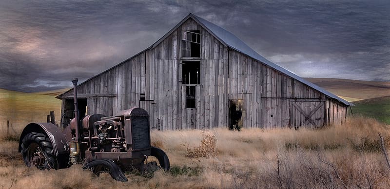 A Now Typical Farm Scene on the Prairies, farm, grass, tractor, barn, HD wallpaper