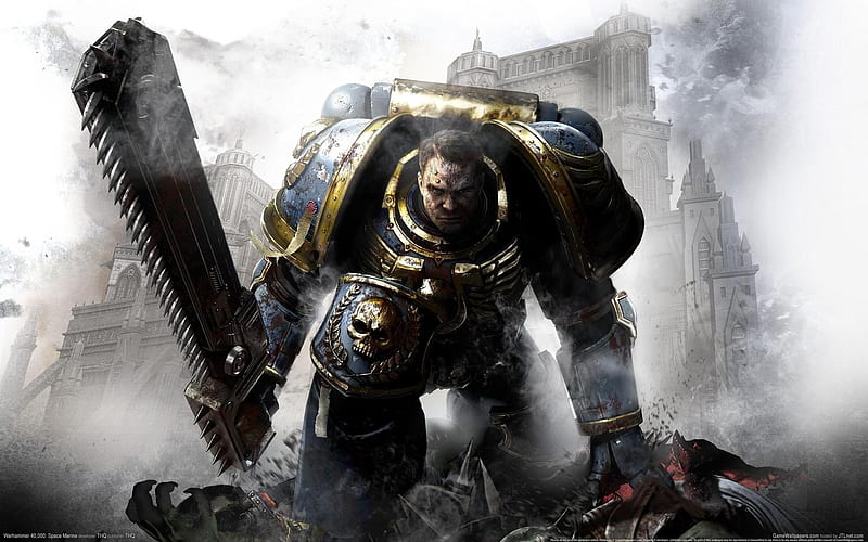 Captain Titus, male, thq, chainsaw, space marine, fog of war, skull, warhammer 40k, HD wallpaper