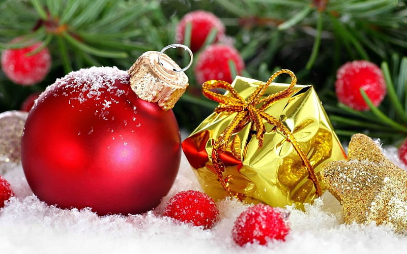 Christmas Vision, red, ball, gold, snow, glitter, cherries, artificial, gift, HD wallpaper