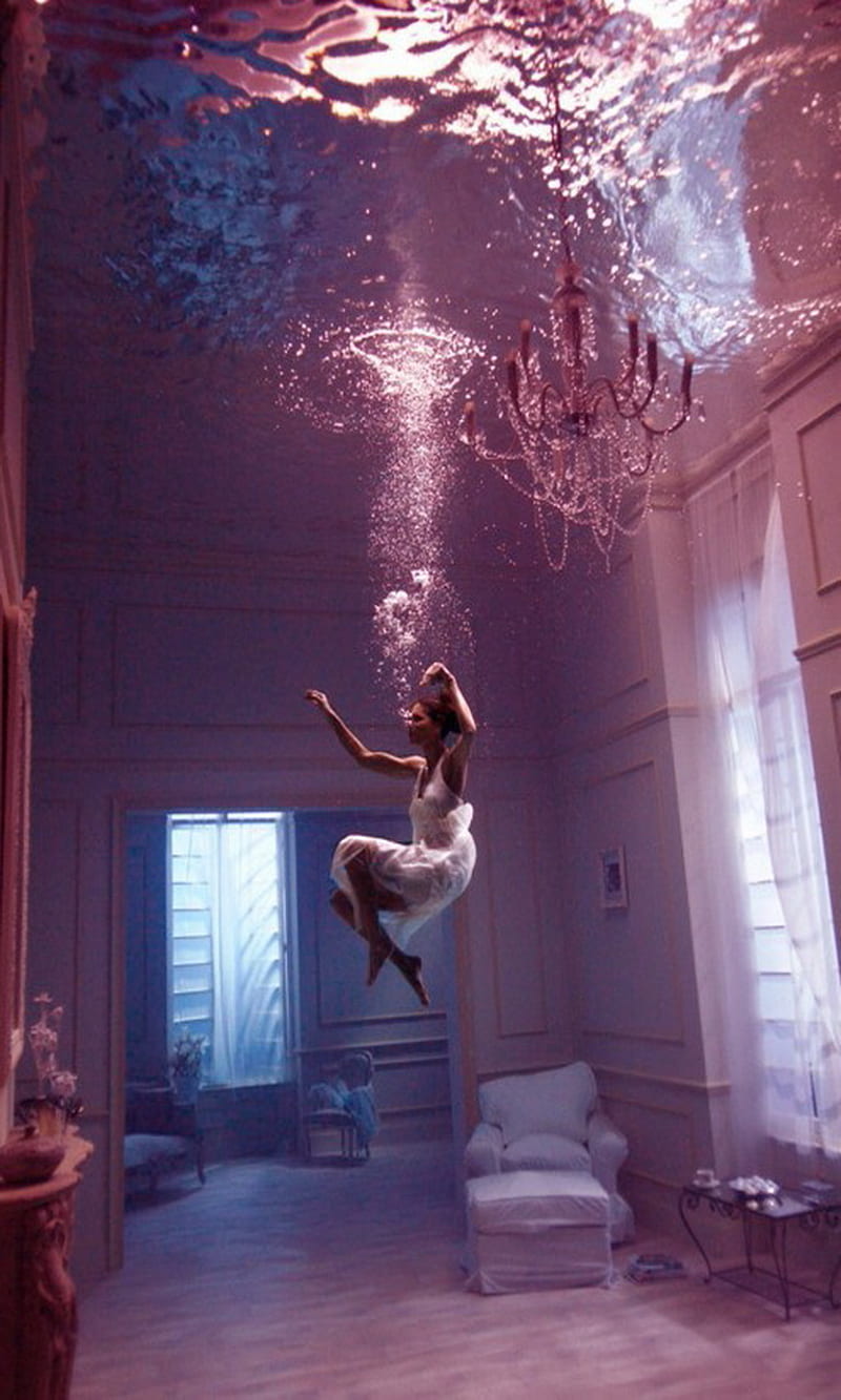 Drowning, art, girl, house, imagination, water, HD phone wallpaper