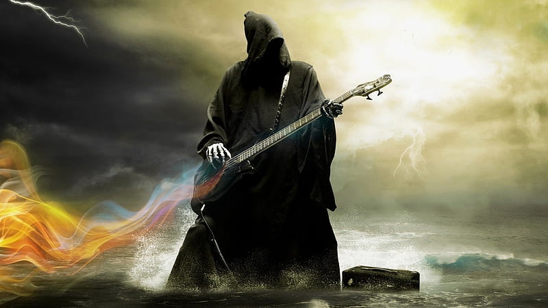 Grim Reaper Playing Guitar, death, artist, grim-reaper, skull, guitar, HD wallpaper