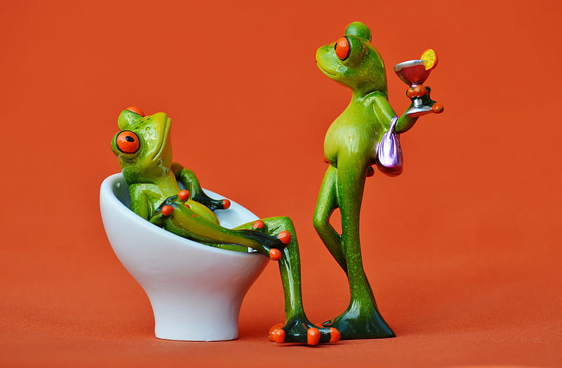 :), broasca, green, orange, bath, white, couple, figurine, cocktail, frog, funny, HD wallpaper