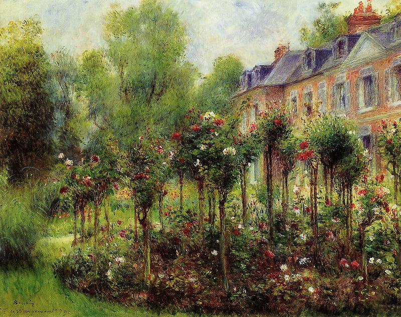 Renoir. 'The Rose Garden at Wargemont'', garden, roses, impressionism, renoir, HD wallpaper