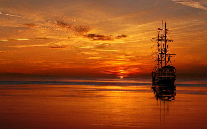 Sailing into the Sunset, Water, Reflection, Ship, Sunset, HD wallpaper