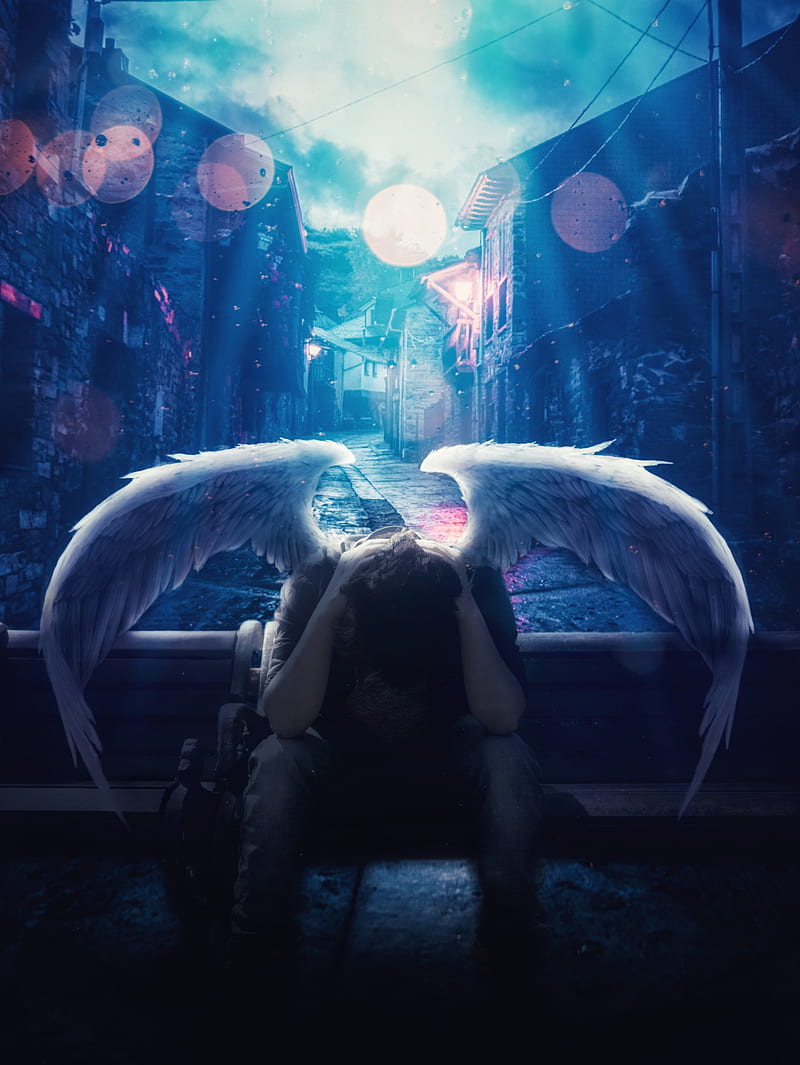 Feeling of angel, angel wings, demon, depression, fallen angel, god, hell, paradise, street, wings, HD phone wallpaper