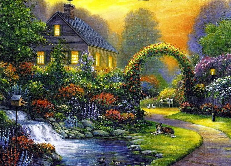 By John Zaccheo, art, cottage, painting, john zaccheo, river, sunset, HD wallpaper