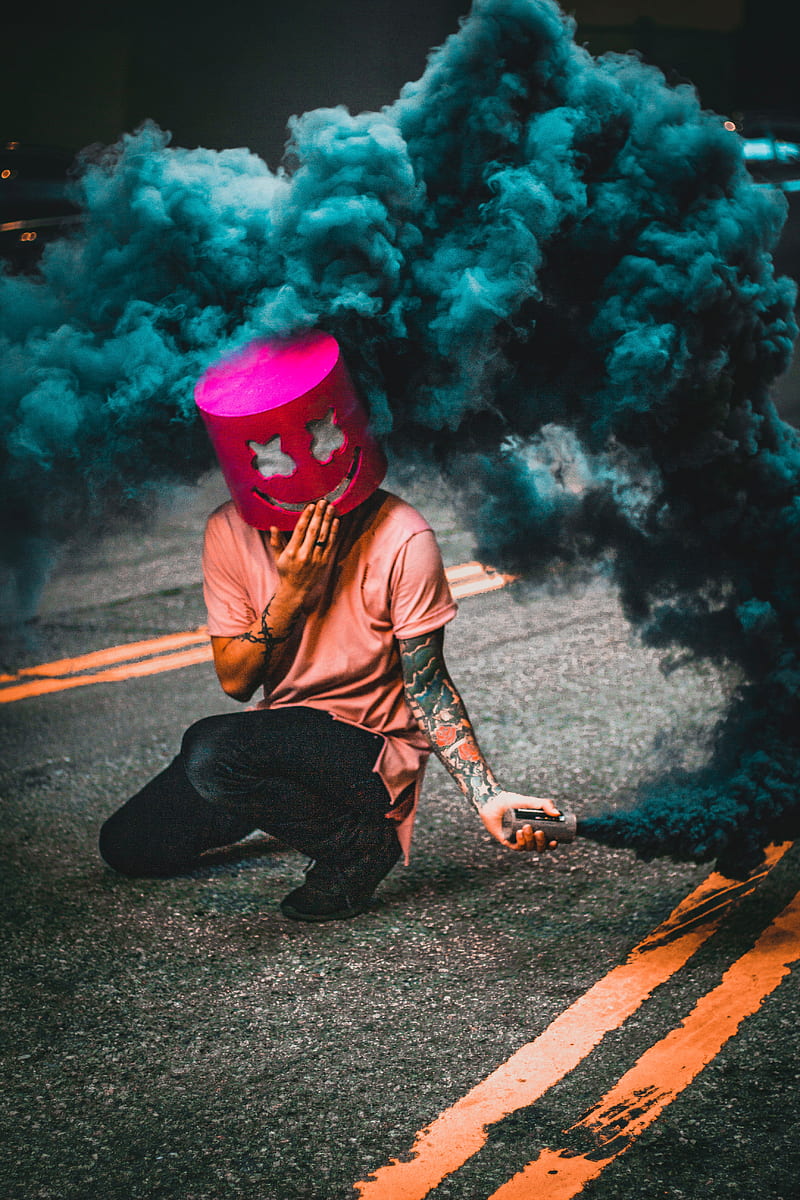 mask, smoke, street, man, smoke bomb, HD phone wallpaper