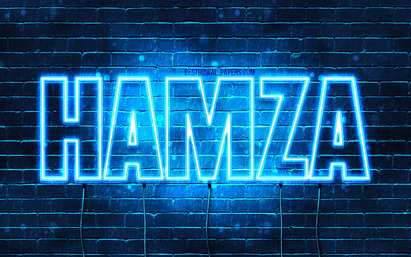 Hamza with names, horizontal text, Hamza name, blue neon lights, with Hamza name, HD wallpaper