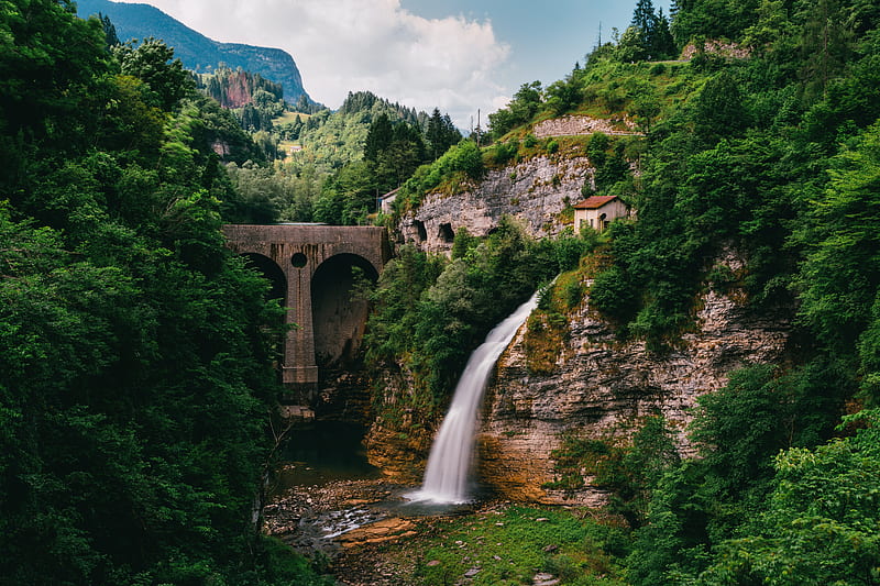 water fountain near concrete bridge and surrounded of trees at daytime, HD wallpaper