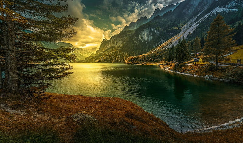 sunset, mountain, cool, nature, fun, lake, HD wallpaper